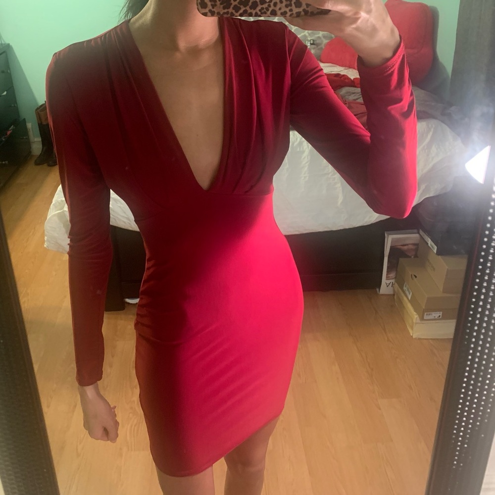 Boohoo Red silky long sleeve dress